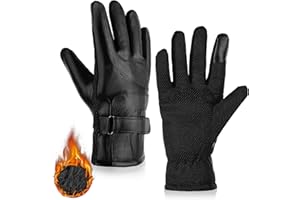 Jeffdad Guanti invernali in pelle, colore nero, impermeabili, per uso medio, invernali, per touchscreen, caldi, spessi, antivento, protezione dal freddo, guanti da uomo, per esterni, guida, campeggio,