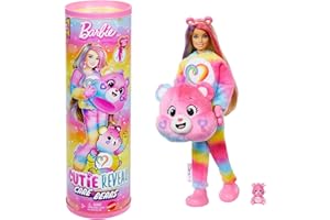 Barbie Cutie Reveal Care Bears Serie 2 Togetherness Bear Muñeca y accesorios con 10 sorpresas, incluye cambio de color y un osito en miniatura, JFV60