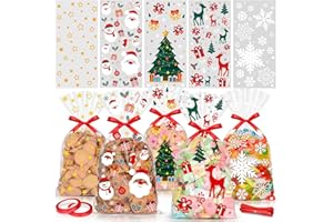 Elidepe Plätzchentüten, 100 Stück Kekstüten Weihnachten, Weihnachtstüten zum Befüllen, Cellophantüten Tüten zum Befüllen, Geschenktüten Weihnachten mit Schleife für Kekse, Schokolade, Süßigkeiten
