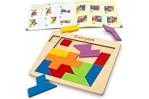 Coogam Puzzle in legno Blocchi Geometrico Tangram Rompicapo Puzzle 3D Logica IQ Gioco Forma Colorata Modello STEM Giocattoli Educativi Regalo 60 Sfide per tutte le età