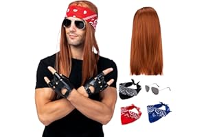Spooktacular Creations Rockstar 90s Heavy Metal Rocker Costume with Wig, Gloves, Sunglasses and Bandanas Halloween Costumes for Men