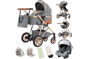 Gcarebb Poussette 3 en 1, Poussettes Citadines Avec Siège Auto, Poussettes Combinée Poignée Réglable en Hauteur Haut Cadre en Aluminium, Poussette canne compacte 0-36kg Paysage