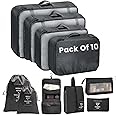OCEANEVO Mesh Set of 10 Pieces Packing Cubes Organiser for Travel, Suitcase includes 2 Drawstring Bags, Shoe Bag and Toiletry Bag with Hook - Set of 10 - Black, 32 x 11 cm