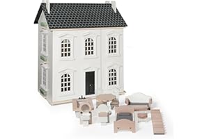 HOOGA PLAYROOM Hooga Wooden Dollhouse with Furniture Set Included, Multi-Level 3-Storey Pretend Doll's house Playset Toys for 20cm Dolls, Miniature Dolls House Gift for Girls & Kids - 55x26x65cm (White/Grey)