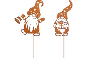JYUECIAN Gnomes en Métal Rouillé Décorations de Noël, Exterieur Pique de Jardin, Décoration Jardin, Patine Rouille Naturelle