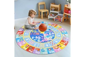 GthreeD Kids Rugs for Playroom - Round 120 cm Soft & Non-Slip Educational Rug for Learning ABC Alphabet, Numbers, Shapes & Map, Washable Classroom Rug for Toddler Nursery & Kids Room Decor.