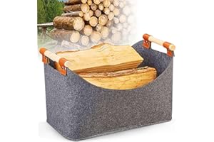 Forhome Wooden Basket for Firewood, Felt Bag, Wooden Basket for Firewood, Foldable Large Wood Basket for Firewood, Toys, Books, Clothes, Newspapers, 45 x 32 x 40 cm, Grey