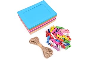 ‎EWTSHOP ewtshop® 50 Stück Papier-Bilderrahmen, Bilderrahmen aus Pappe in 10 Farben + Schnur + bunte Miniwäscheklammern, Fotorahmen, DIY, Collage zum selbst gestalten