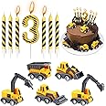 Construction Birthday Candles, 12 Pcs Construction Vehicles Cake Toppers Set with Birthday Number 3 Candle and Black Stripes Candle Cake Topper for Birthday Anniversary Party Cake Decorations