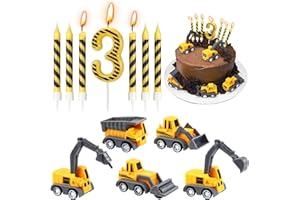 ALBEFER Construction Birthday Candles, 12 Pcs Construction Vehicles Cake Toppers Set with Birthday Number Candle and Black Stripes Candle Cake Topper for Birthday Anniversary Party Cake Decorations (Number 3)