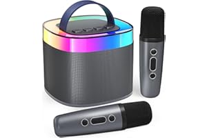 Ankuka Máquina de Karaoke portátil Bluetooth, Altavoz de Karaoke Bluetooth con 2 micrófonos, Pastillas y Luces LED para Fiestas, Regalos para Amigos, Color Negro