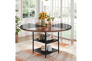 Tribesigns Okrągły stół do jadalni dla 4 osób, 120 x 120 x 75 cm, styl przemysłowy, drewniany stół kuchenny, duży stół do jadalni z regałem, do domu, jadalni, salonu, brązowy/czarny