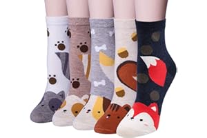 MAKFORT 5 Paires Femmes Chaussettes chaudes femme hiver en Coton Chaussettes Mignonnes Motif à Animaux Chat Chien Chaussettes pour femme,Taille unique,Multicolore