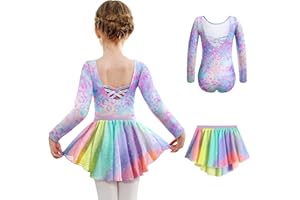 Arshiner Ballettkleidung Mädchen Rückenfrei Baumwolle Ballettkleid Balletttrikot Langzarm Tanzkleid Tanzbody mit Irregulär Chiffon Rock Tütü 2-10 Jahre