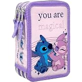Clondo 3 Compartment 3D Girls Pencil Case for Stitch and Angel Fans Triple Filled, 44 School Accessories, 3 Zippers, 20 cm, C