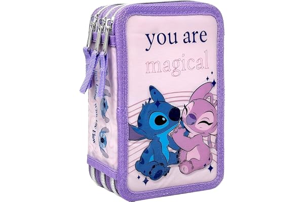 Clondo Trousse 3 Compartiments 3D Enfants, pour Stitch et Angel Fans, Triple Remplissage, 44 Accessoires École Fille, 3 Fermetures Éclair, 20cm, Feutres, Crayons, Papeterie