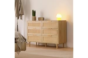 ‎GRAVFORCE GRAVFORCE Kommode mit 6 Schubladen Sideboard mit Großer Kapazität, Holz Schubladenschrank für Schlafzimmer Wohnzimmer Flur Büro Organizer, Rattan 110x38x77