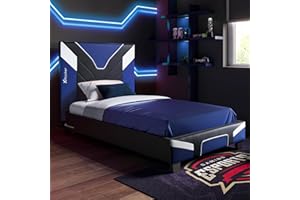 X-Rocker Cerberus MKII 3ft Single, Gaming Upholstered Bed Frame - Flat-pack for Easy Assembly, Breathable Comfort, Wooden Slats, Wipe-Clean Faux Leather for Kids & Teens - Blue - 90x190cm