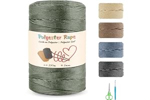 ESTCOO 2mm Premium Corde en Polyester,250m Fil à Crocheter pour Sac+1 Ciseaux+1 Crochet,100% Polypropylène pour Macramé Corde à Crocheter pour Travaux Manuels,Maison,Assiettes de Table,Sac à Main,Vert Foncé