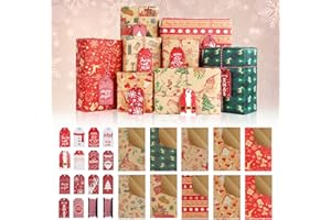 ESVYIT Papier Cadeau Noel Enfant 10 Feuilles, Emballage Cadeau Noel Papier Cadeau Kraft Noel Recyclé Papier Noel Rouge Papier Kraft Noel avec 14pcs Etiquettes Cadeaux, 2 Ficelle De Coton, 70 x 50cm