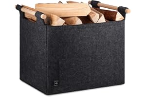 BONTHEE Cesta de fieltro para leña de chimenea, bolsa de fieltro, cesta para leña de chimenea, almacenamiento interior, bolsa de madera para leña con asas de madera, color gris oscuro