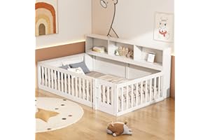 ‎DOLAMANÍ Dolamaní Kinder Bodenbett 90x200 cm mit mit Höhe 50 cm Rausfallschutz Sicherheit und Tür, Kinderbett Bodentief Bettseite mit Staufach, Kiefern Holz Bett mit Lattenrost (Ohne Matratze), Weiß