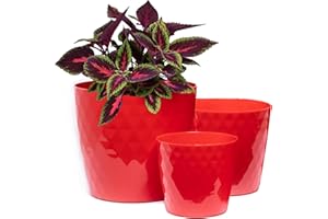Home Garden Ornaments Large Plant Pots Indoor, Indoor Plant Pot - Set of 3 Flower Pots with Glossy Crystal Structure (20cm, 25cm, 30cm, Colour: Red)