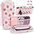 Large Switch Case Compatible with Nintendo Switch with Dockable Protective Cover, Cute Travel Carry Case Bundle Bag Portable Protective Accessories Kit , Strawberry Pink