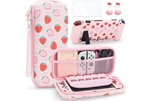 BRHE Funda Grande para Switch OLED Compatible con Nintendo Switch OLED con Funda acoplable, Bonita Bolsa de Transporte Protectora de Viaje Kit de Accesorios de protección portátil, Rosa Fresa (Pink)