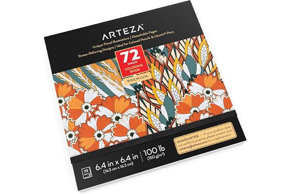 ARTEZA Livre à colorier pour adultes, motifs floraux, 72 feuilles, 150 g/m², 16,3x16,3 cm, pages détachables, contours noirs, livres à colorier pour femmes et hommes
