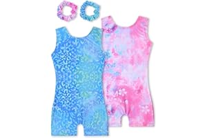Tstiti Gymnastics Leotards for Girls 2 Pack Sparkly Kids Biketards Dance Unitards Matching Hair Scrunchies