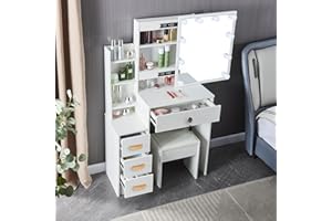SAIHEMEI Dressing Table with Mirror and Stool, Vanity Table with Lots Storage 4 Drawers and 7 Shelves, Makeup Desk with 10 Bulbs for Girls