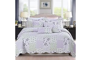 THL Comforter Set Quilted 3 Pieces Vintage Printed Patchwork Bedspread with Pillowshams
