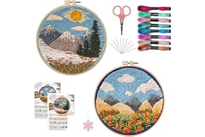 Offizon 2 PCS Embroidery Kit for Beginners - Cross Stitch DIY Craft Set, Embroidery Accessories & Hoop Included, Hand Embroidery Kit for Adults Stitching Sewing Kit Gift | Landscape Patterns