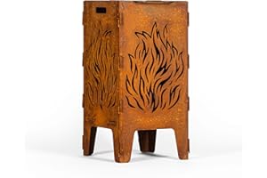 D&L Lasertec Feuertonne aus 3mm Stahl mit Flammenmuster, inklusive Grillrost, Edelrostdeko für den Garten, Grillschale