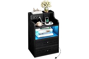 ‎IRONCK IRONCK LED Nachttisch mit Steckdose, Beistelltisch Holz mit Ladefunktion, Nachtschrank mit 2 AC, 1 USB& 1 Type-C Anschlüsse, Sofatisch mit 2 Schubladen für Wohnzimmer,Schlafzimmer, 45x30x70cm Schwarz