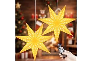 BORIYA Christmas Decoration - LED Paper Star Illuminated for Hanging, Pack of 2 Christmas Star Illuminated 8 Light Modes, 3D Luminous Stars Christmas Window with Remote Control, Window Decoration Christmas