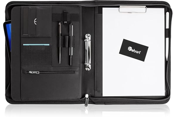 Vebon® Classeur à anneaux A4 "Paris" I Conférencier avec fermeture Éclair + pince I Porte documents A4 + pochette ordinateur portable I organiseur professionnel avec rangement I Simili cuir I Noir