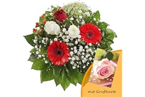 RAPIDO Dominik Blumen und Pflanzen, Blumenstrauß "Gruß von Herzen" mit Rosen, Gerbera und Johanniskraut und Grußkarte "Rosen"