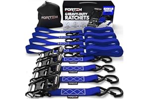 FORTEM Sangles D'arrimage à Cliquet, Résistance à la Rupture de 2362kg, (4) Sangles Robustes de 3,04 Mètres, (4) Boucles Souples, Poignées en Métal Recouvertes de Caoutchouc