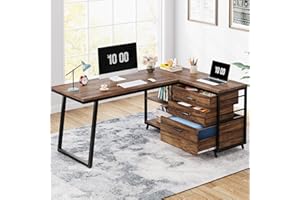 Tribesigns Biurko komputerowe w kształcie litery L z 3 szufladami, dwustronne narożne biurko domowe z półkami, 137 cm, przemysłowe biurko komputerowe, stacja robocza, do pisania, do małej przestrzeni