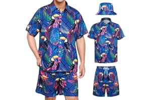 HARSEVER Men's Hawaiian Shirt and Shorts Set Casual Funky Beach Flamingo Shirt Set Beach Party Shirts Suits with Bucket Hat