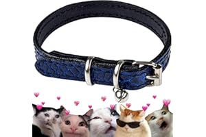 FAVPET Collar de Gato de Cuero Genuino, Collar de Gato con Campana, Collar de Gato Clásico, Collar de Gato Hecho a Mano, Collar de Gato Ajustable, Collar de Gatito, Collares de Gato de Cuero (Azul)