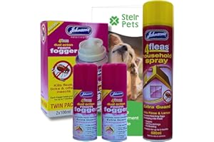 Flea Treatment for House Bundle - Johnsons 4 Fleas Household Spray (1x 600ml) and Johnsons 4fleas Flea Fogger Twin Pack (2 x 100ml) Bundle with Stelr Pets Flea Guide