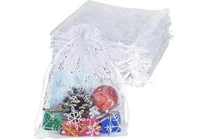 HRX Package 100pcs Snowflake Organza Bags, 13x18cm Christmas White Drawstring Mesh Gift Pouches for Jewellery Candy Wedding Party Favors