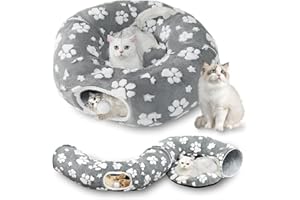 Yaning Cat Tunnel for Indoor Cats, Cute Peekaboo Cave with Dangling Balls, Pet Donut Tunnel Bed with Circle Mat for Puppy Kitten Rabbit, Grey Paw