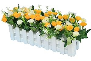 Flikool Claveles Flores Artificiales con Valla Faux Carnations Plantas Artificiales con Cerca Macetas Simulacion Falso Potted Bonsai Flor Artificial 30 * 7.5 * 15 cm - Amarillo