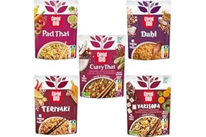 Céréal Bio Lot 5 Plats Cuisinés Végétariens – Saveurs d'Asie – Nouilles, Riz, Légumes, Épices – Bio, Micro-Ondables, Prêts à Réchauffer – 5 x 220g