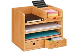 Relaxdays Schreibtisch Organizer, 2 Schubladen, 5 Fächer, HxBxT: 26,5 x 33 x 24 cm, Bambus-Organizer fürs Büro, Natur