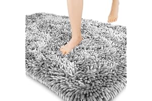 Yimobra Luxury Chenille Bath Mat, Extra Soft and Absorbent Shaggy Bathroom mats Non Slip, Machine Washble Dry, Plush Floor Carpet for Tub, Shower, and Bath Room, 43 x 61 cm, Light Gray